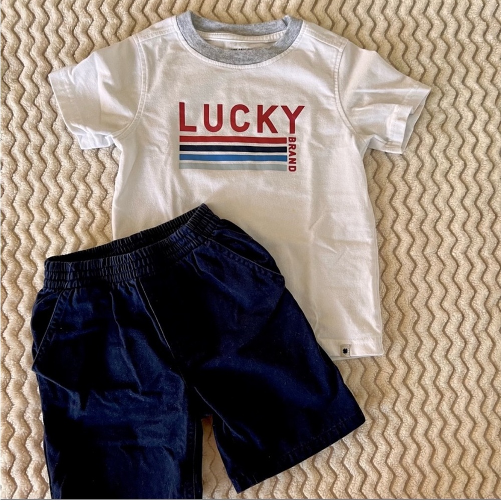 Lucky Brand White Tee and Navy Shorts Outfit